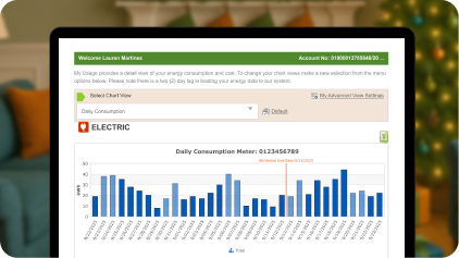 Image of someone holding their laptop, the screen on their phone is on their energy manager dashboard. Behind the phone you can see a house decorated for the holidays.